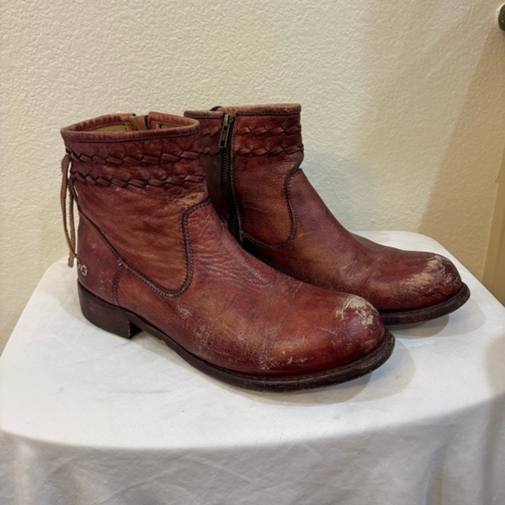 Bed Stu Red Brown Leather Ankle Combat Boots